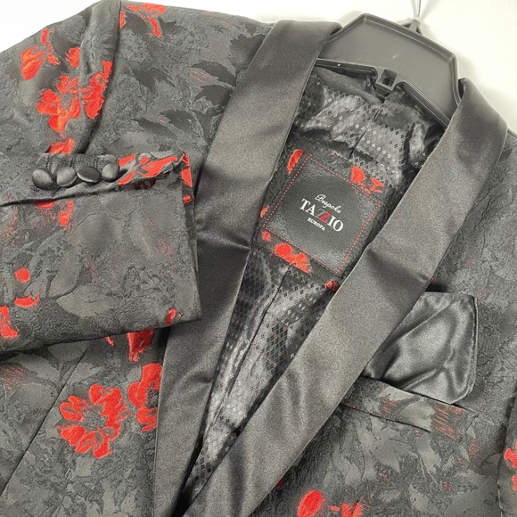 Tazzio Bespoke Mens Black Red‎ Floral Dinner Prom Jacket Slim Fit Size 38S NWOT - Picture 2 of 11